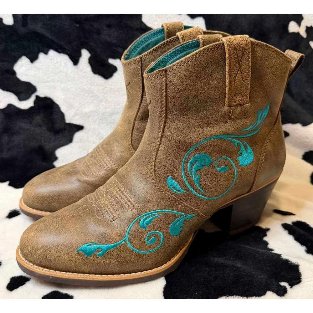 Twisted X Womens Brown Leather Turquoise Embroidered Western Ankle Boots Size 10